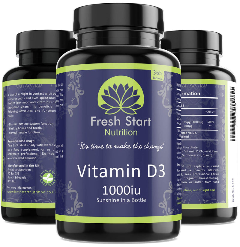 Vitamin D3 1000iu Tablets | 365 (1 Year Supply) Vegetarian Vitamin D Supplement Tiny Easy to Swallow Pills | VIT D as Cholecalciferol | Fresh Start Nutrition - NewNest Australia