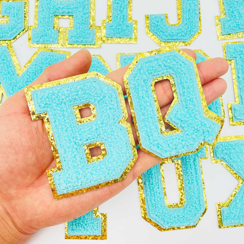 Jongdari Letter Patches Varsity Chenille Iron on Letters Patchs for Clothing English Letter A-Z with Gold Glitters Border, 26pcs Blue - NewNest Australia