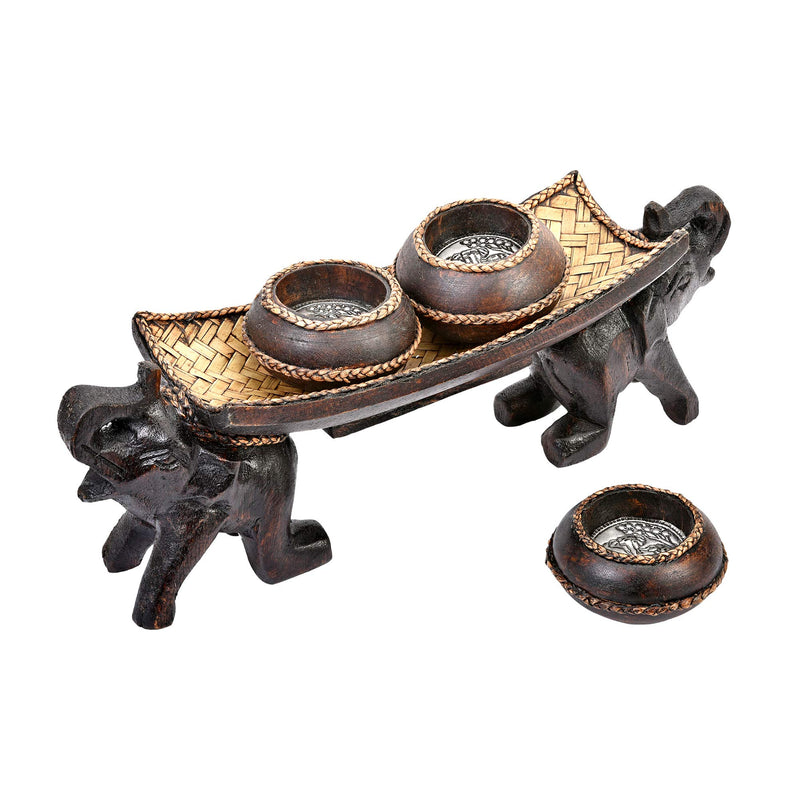 NewNest Australia - Happy Twin Elephants Carrying Three Vases Rain Tree Wood Candle Holder 