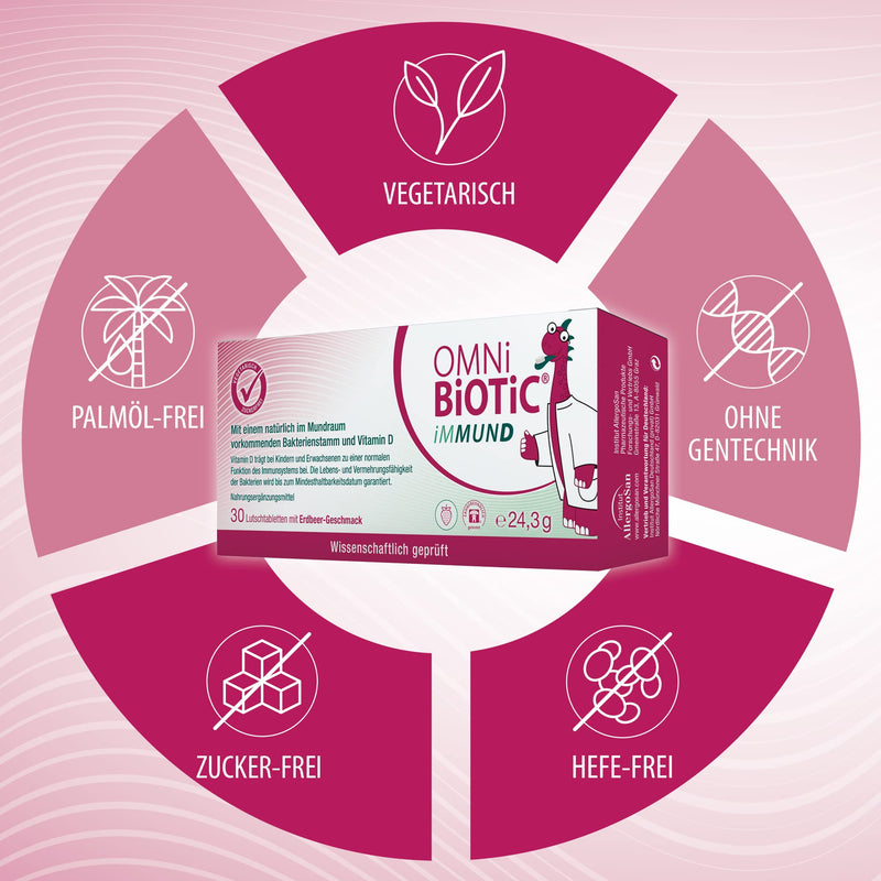 Omni Biotic Immund | 10 Lozenges | 1 Bacterial Strain | 1 Billion Germs Per Lozenge | With Vitamin D | Vegetarian | Sugar Free | For Daily Use | Also For Children | Strawberry Flavor 1 Piece (Pack Of 10) - NewNest Australia