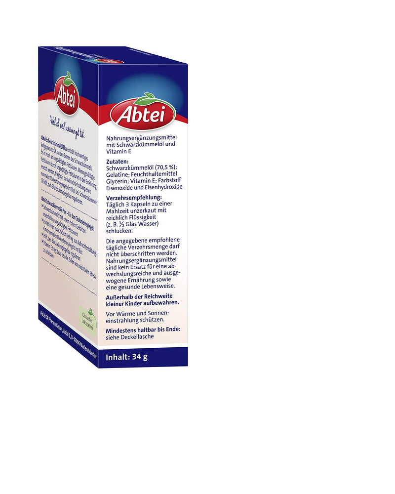 Abtei Black Cumin Oil Plus - with Vitamin E - Dietary Supplement for Cholesterol and Blood Sugar Levels - 1 x 48 Capsules 48 Pieces (Pack of 1) - NewNest Australia