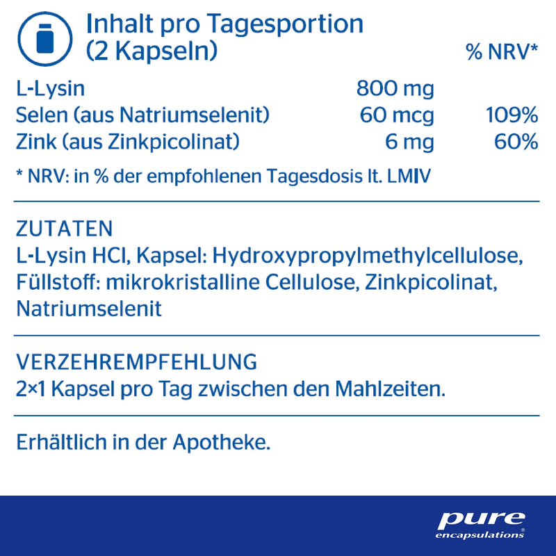 Pure Encapsulations - L-Lysine plus - Essential amino acid with selenium and zinc for a strong immune system - 90 vegan capsules - NewNest Australia