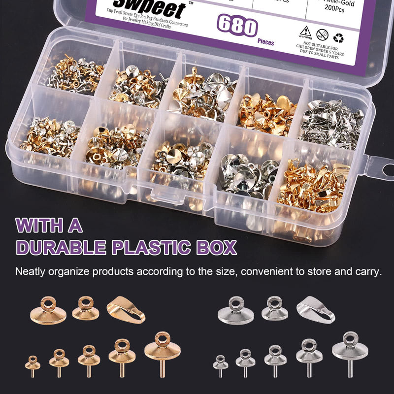 Swpeet 680Pcs Gold and Sliver 3mm 4mm 5mm 6mm 8mm Cup Pearl Screw Eye Pin Bail Peg Pendants with 7mm Pendant Charm Clasps Connector Kit, Perfect for Half-drilled Beads Jewelry Making - NewNest Australia