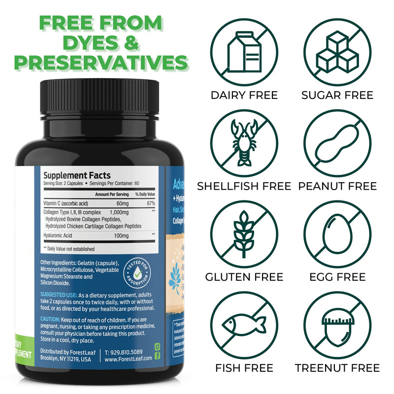 Advanced Collagen Supplement, Type 1, 2 and 3 with Hyaluronic Acid and Vitamin C - Anti Aging Joint Formula - Boosts Hair, Nails and Skin Health - 240 Capsules - by ForestLeaf - NewNest Australia