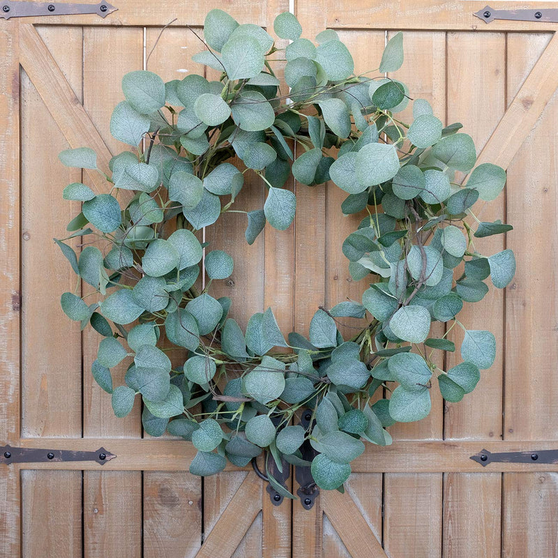 NewNest Australia - idyllic Eucalyptus Leaves Wreath Metal Polyester Fabric Paper Round Green Wreath 22 Inches for The Front Door Decor 