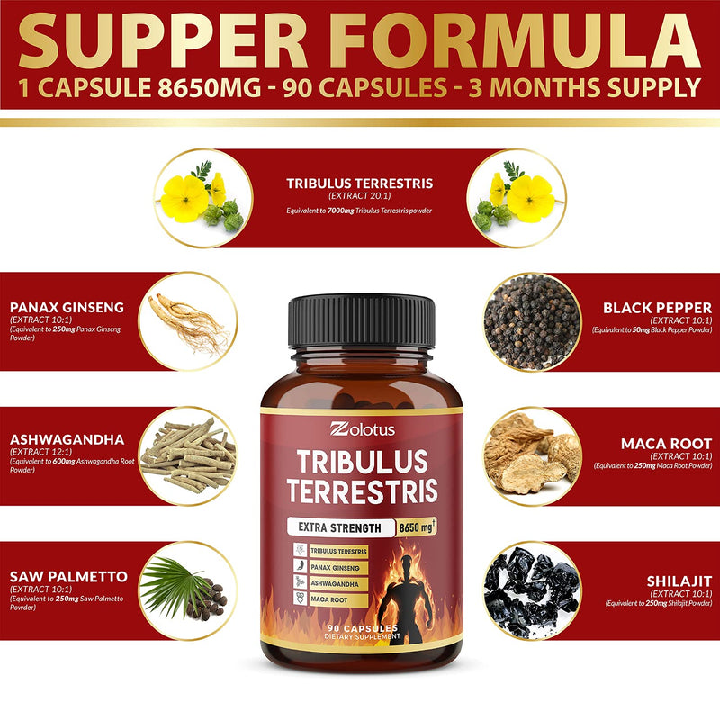 Tribulus Terrestris, 8650mg Per Capsule, Highest Potency with Ashwagndha, Panax Ginseng, Saw Palmetto, Maca, Shilajit. Boost Energy, Mood, Stamina & Performance, for Men & Women, 3 Months Supply. - NewNest Australia