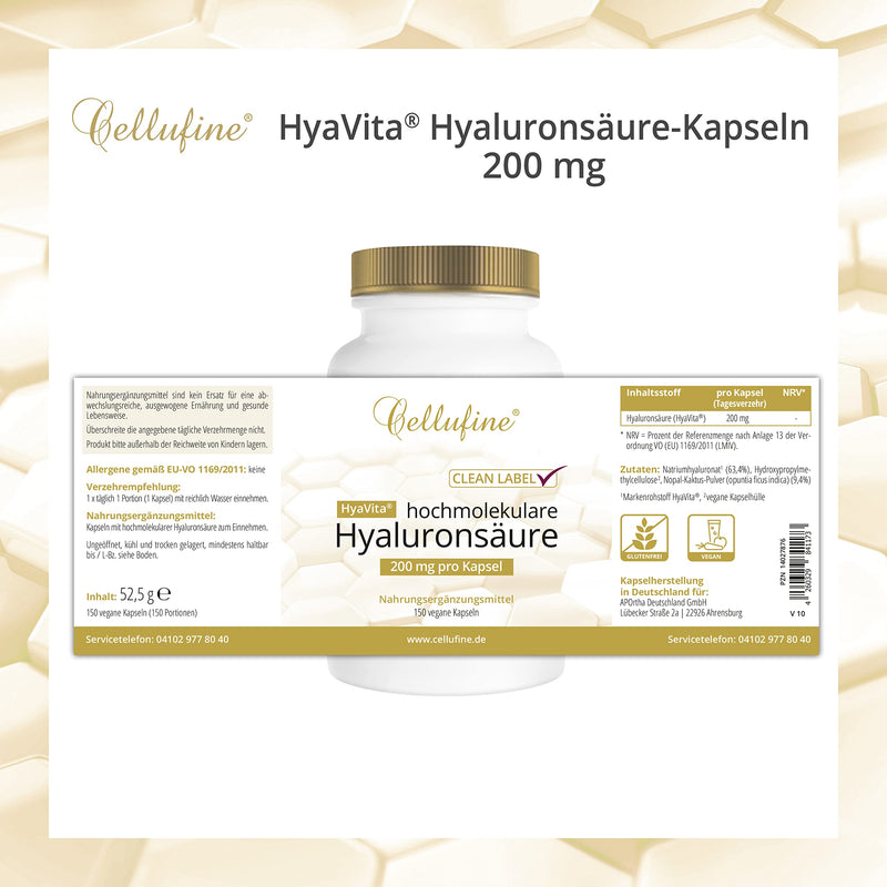 Cellufine® HyaVita Hyaluronic Acid 150 capsules - high dose, high molecular weight, gluten-free, vegan - 150 gluten-free capsules with HyaVita Hyaluronic Acid I natural & without preservatives - NewNest Australia