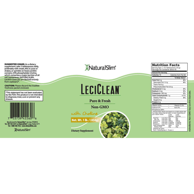 NaturalSlim LeciClean - Soy Lecithin Granules with Choline - 100% Pure Lecithin Powder Food Grade - Metabolism & Weight Management Support - Easily Dissolves in Protein Shake - Non GMO 454 Grams - NewNest Australia