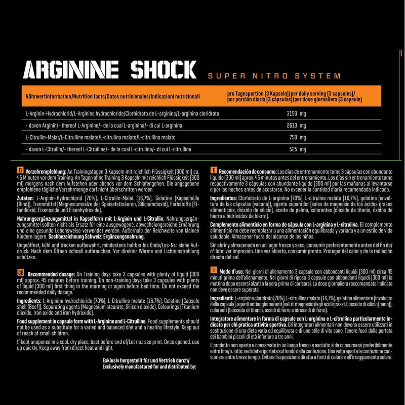 Body Attack Arginine Shock 80 high-dose maxi caps - Made in Germany - 3150 mg L-arginine hydrochloride and 750 mg L-citrulline malate per serving, for improved blood flow and maximum pump, aminos - NewNest Australia