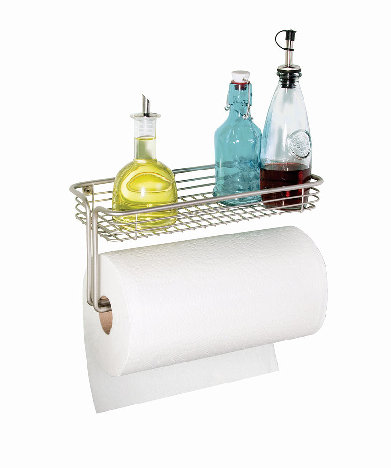 NewNest Australia - iDesign Classico Steel Wall Mounted Paper Towel Holder with Shelf Paper Towel Dispenser for Kitchen, Bathroom, Laundry Room, Garage, Office , Satin 