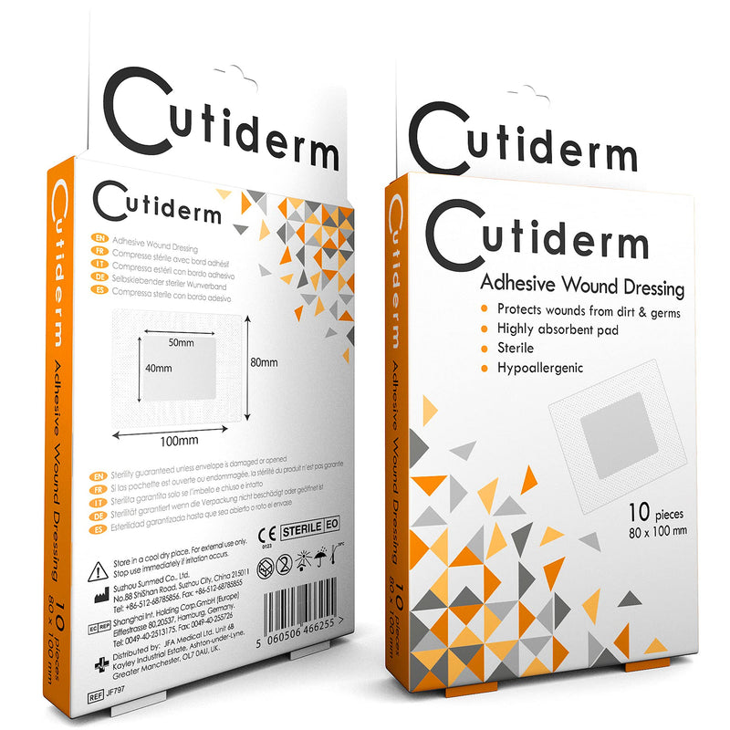 Pack of 10 Cutiderm Adhesive Sterile Wound Dressings - Suitable for cuts and grazes, Diabetic Leg ulcers, venous Leg ulcers, Small Pressure sores (80mm x 100mm) - NewNest Australia