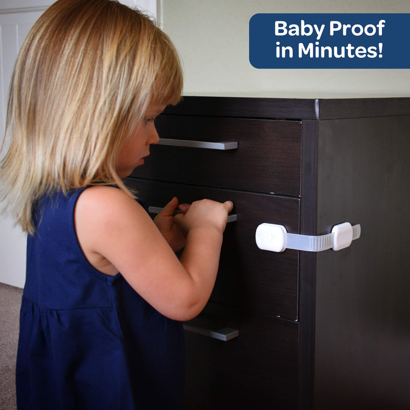 Wittle Child Safety Cabinet Locks (8 pk, White, Clear Straps, 4 Bonus 3M Adhesives) - Baby Proof Cabinet, Cupboard, Drawer, Appliance and More - Simple to Use - Quick No Tools Installation - NewNest Australia