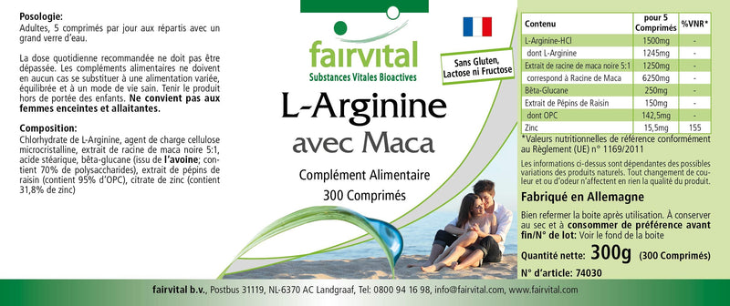 Fairvital L-Arginine + Maca Plus - High Dose - with Beta-Glucan, OPC and Zinc - 300 Tablets - NewNest Australia