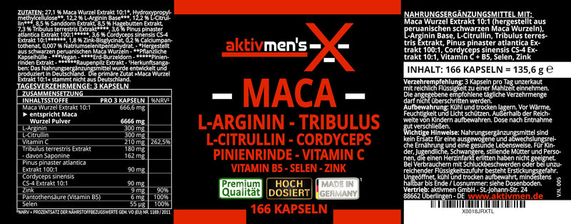 aktivmen's X MACA BLACK - because fun belongs to your life! 166 capsules high dose - maca + L-arginine, L-citrulline, cordyceps, tribulus, pine bark, selenium, vitamin C + B5, zinc, 1 tin (1 x 135.6 g) - NewNest Australia