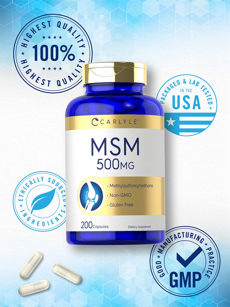 MSM Supplement | 500mg | 200 Capsules | Non-GMO, and Gluten Free Formula | Methylsulfonylmethane | by Carlyle - NewNest Australia