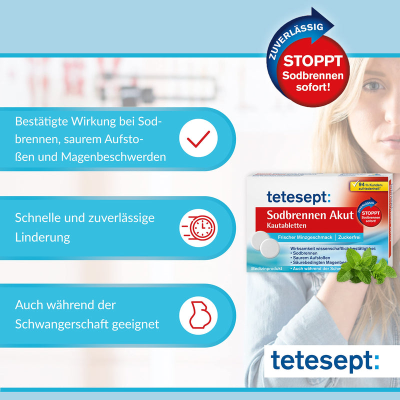 tetesept heartburn acute chewable tablets with fresh mint flavor, sugar-free - fast-acting stomach tablets against heartburn - 5 packs of 20 tablets - NewNest Australia