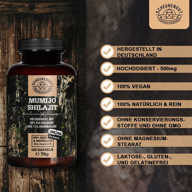 Shilajit - 1000 Mg Per Daily Dose, High Dose - Important: 10:1 Extract (= 10,000 Mg Mumijo Shilajit Per Dose) + 50% Fulvic Acid & 12% Humic Acid I 120 Shilajit Capsules I Certified I De I Scheunengut - NewNest Australia