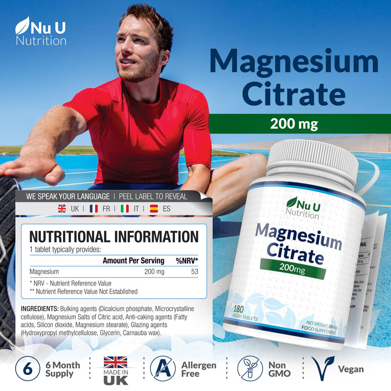 Magnesium Citrate 200mg - 180 Magnesium Tablets - 200mg per Tablets - 6 Month Supply - High Dose - Nu U Nutrition - NewNest Australia