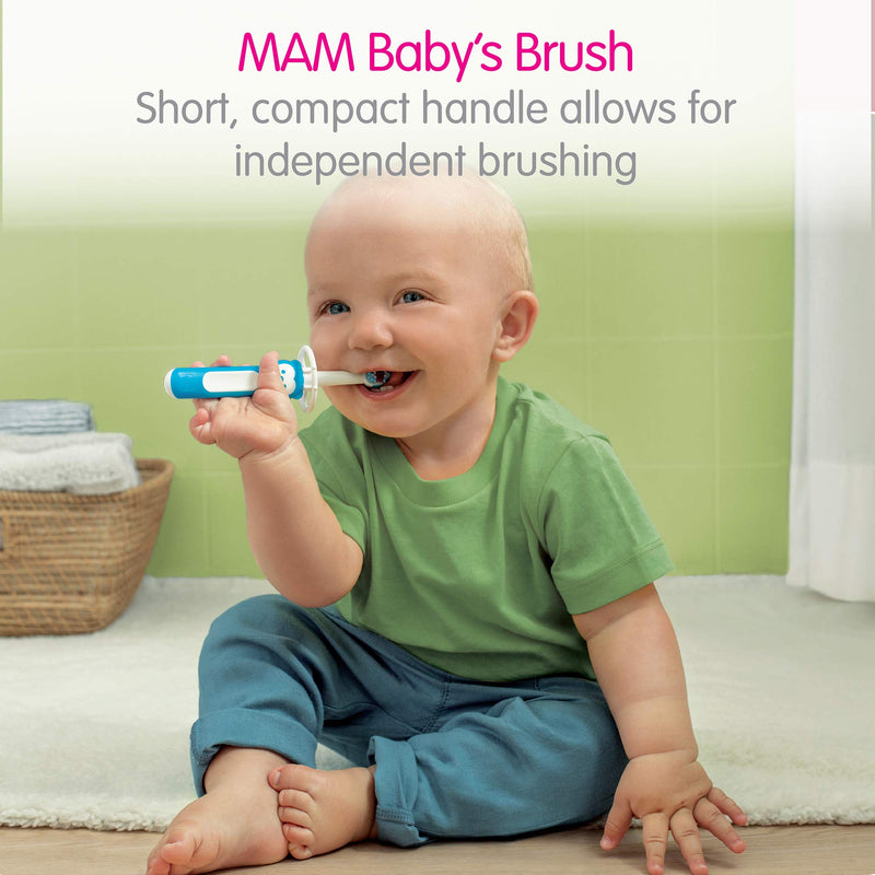 MAM Learn to Brush Set (1 Baby's Brush Toothbrush, 1 Training Brush, 1 Safety Shield), Baby Toothbrushes with Brushy The Bear, Interactive App, for Boys 5+ Months, Blue - NewNest Australia