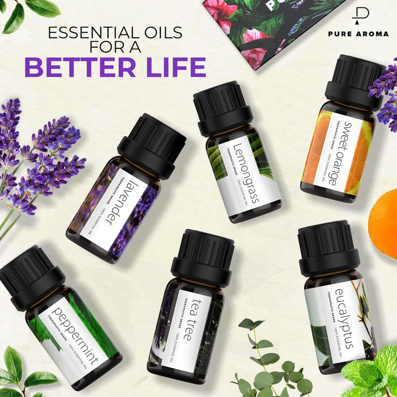 Essential Oils by PURE AROMA 100% Pure Therapeutic Grade Oils kit- Top 6 Aromatherapy Oils Gift Set-6 Pack, 10ML(Eucalyptus, Lavender, Lemon Grass, Orange, Peppermint, Tea Tree) - NewNest Australia