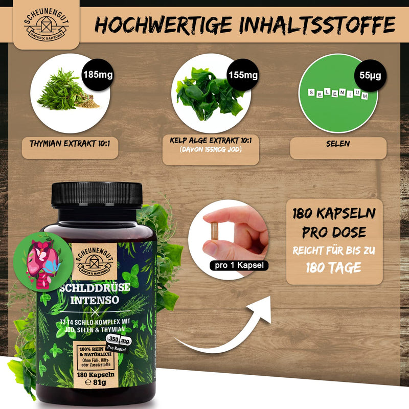 Thyroid Intenso Iodine Selenium Capsules - Important: Laboratory Tested With Selenium & Thyme Plus 155¬µg Iodine (Per Capsule) And More I 180 Capsules High Dose I Iodine From Brown Algae I Vegan I De I Scheunengut - NewNest Australia