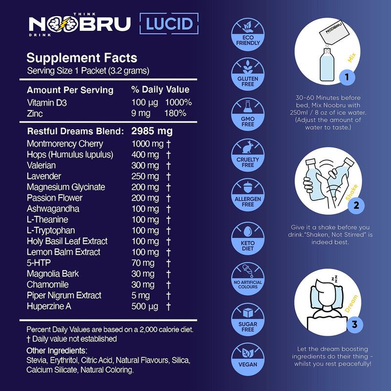 Noobru Lucid Nootropic Sleep Powder Drink for Deep Quality Dream Sleep with Magnesium, Ashwagandha, Valerian, Lemon Balm and Vitamin D for Deep, Quality Sleep, Stress and Restoration. - NewNest Australia