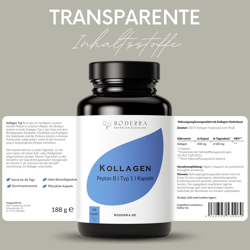 Boderra Collagen Capsules High Dose (300 Collagen Capsules) ‚ 2500 Mg Daily Dose ‚ Water Soluble Premium Collagen Hydrolysate ‚ Collagen Type 1 ‚ Laboratory Tested ‚ Bioavailable ‚ Bottled In Germany - NewNest Australia