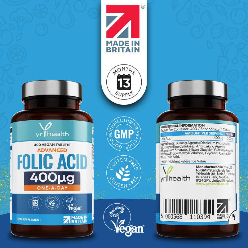 Folic Acid 400 mcg Tablets - 400 Vegan Vitamin B9 Tablets for Women, 13 Month Supply, Folic Acid Pregnancy for Normal Function of Immune System and Maternal Tissue Growth - Made in The UK by YrHealth - NewNest Australia