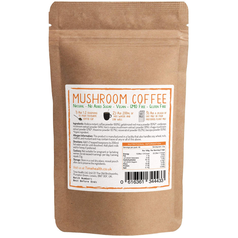 Mushroom Coffee Blend (Instant) - 100g - 40 Servings - Arabica Coffee, Lion's Mane, Cordyceps, Chaga, Red Maca, Theanine, Bacopa & Resveratrol - Natural Energy & Focus - Vegan - UK Made 100 g (Pack of 1) - NewNest Australia
