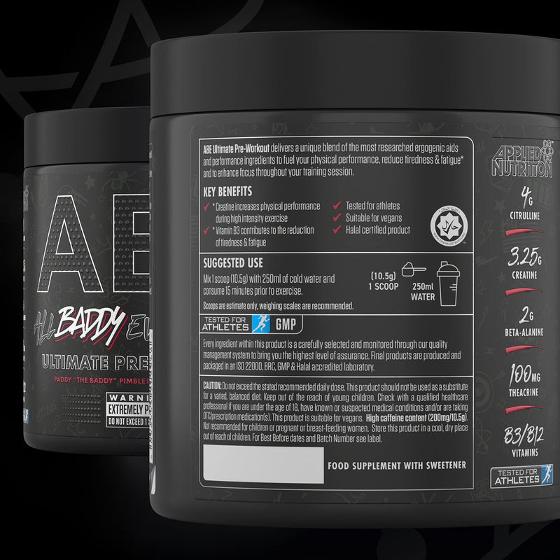 Applied Nutrition ABE Pre Workout Booster - All Black Everything Powder Energy, Physical Performance with Citrulline, Creatine, Beta Alanine, Caffeine, 315g (Baddy Berry) - NewNest Australia