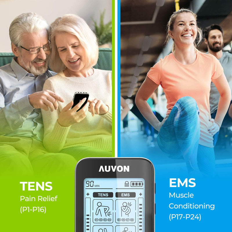 AUVON 4 Outputs TENS Unit EMS Muscle Stimulator Machine for Pain Relief Therapy with 24 Modes Electric Pulse Massager, 2" and 2"x4" Electrodes Pads (Black) A-black - NewNest Australia