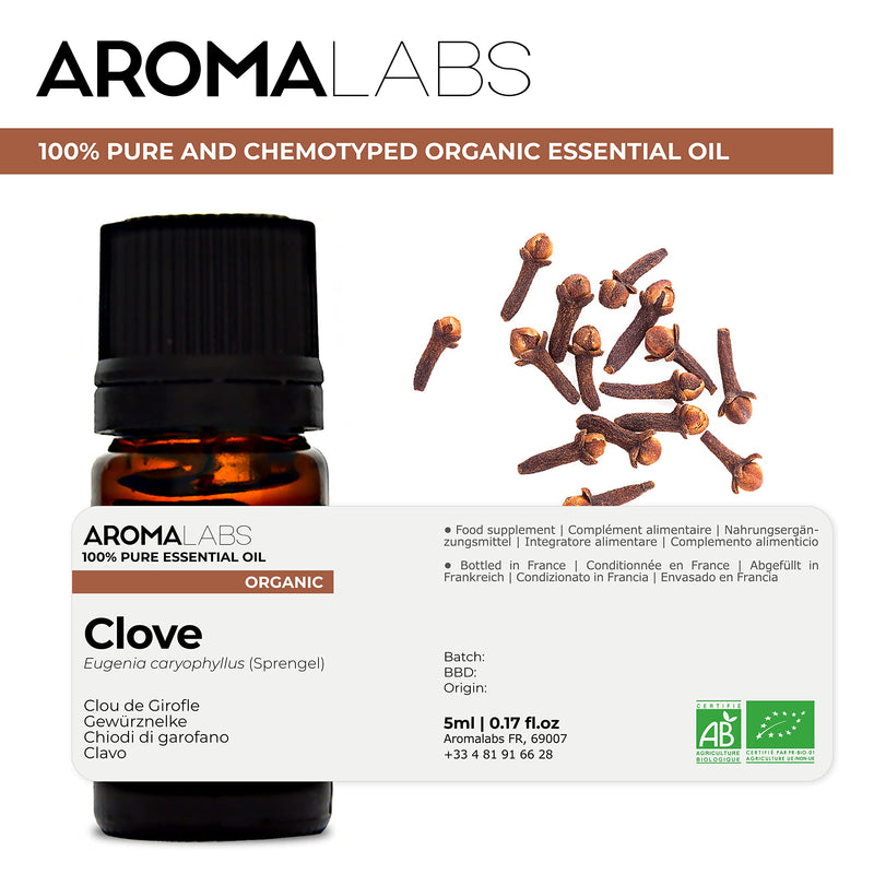 Aroma Labs Organic Clove Essential Oil, 100% Pure, Ecocert Certified Organic - Best Therapeutic Grade Essential Oil, Neutral Clove, 5 ml 5 ml (Pack of 1) - NewNest Australia