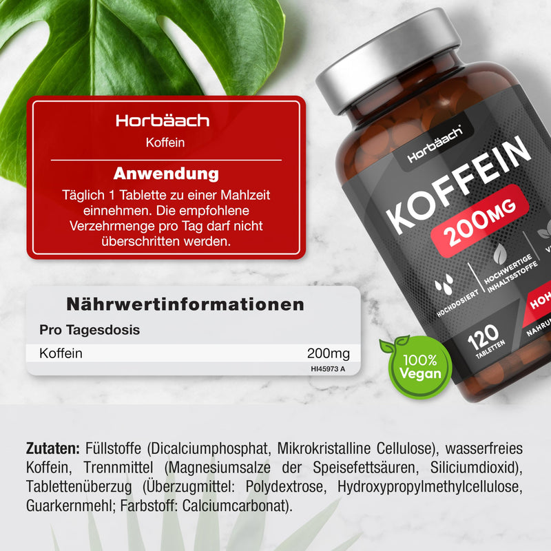 Caffeine tablets 200mg high dose | 120 Vegan Caffeine Pills | by Horbaach - NewNest Australia