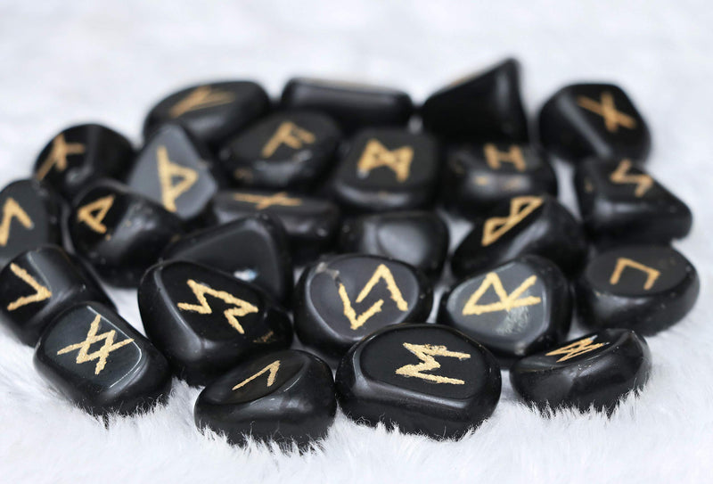 Crocon Black tourmaline tumble shape gemstone runes stones with Elder Futhark Alphabet Engraved 25 pcs runes set Crystal Divination Healing Chakra Reiki with a pouch Size : 15-20 mm - NewNest Australia