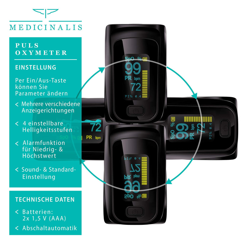 Medicinalis - Finger Pulse Oximeter - Spo2 Pulse Monitor - Measures Pulse And Oxygen Saturation On Finger - Oled Display - Battery Indicator - Alarm - One-Touch Operation - NewNest Australia