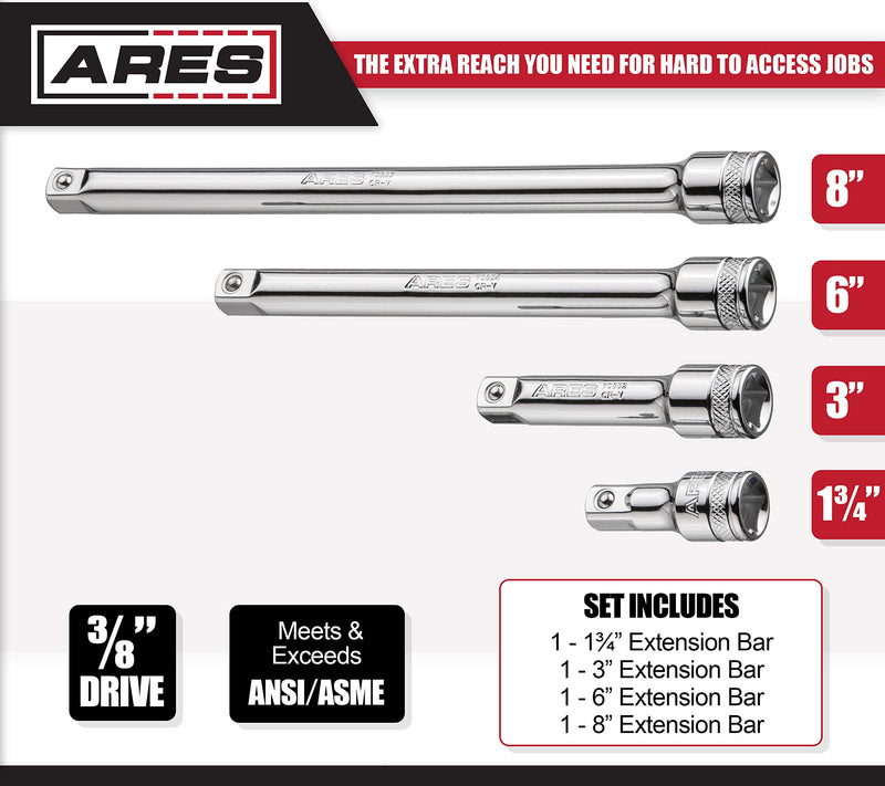 ARES 70244 - 4-Piece 3/8-Inch Drive Socket Extension Set - Includes 1 3/4-Inch, 3-Inch, 6-Inch and 8-Inch Extensions - Premium Chrome Vanadium Steel with Mirror Finish 3/8" Drive - NewNest Australia