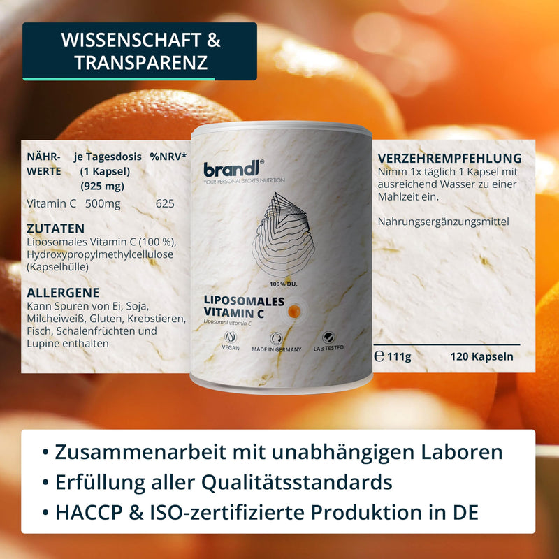 High-dose liposomal vitamin C, natural & without additives | Vitamin C 1000mg for active & body-conscious people by brandl® | Liposomal vitamin C capsules 120 pieces. - NewNest Australia