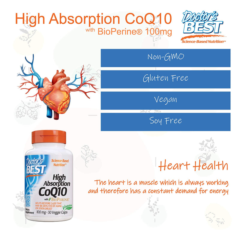 Doctor's Best High Absorption CoQ10 with BioPerine, Vegan, Gluten Free, Naturally Fermented, Heart Health & Energy Production, 100 mg 30 Veggie Caps 30 Count (Pack of 1) - NewNest Australia