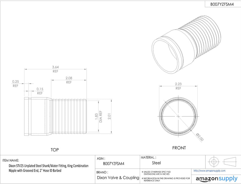 Dixon STV25 Unplated Steel Shank/Water Fitting, King Combination Nipple with Grooved End, 2" Hose ID Barbed - NewNest Australia