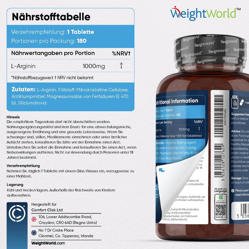 Pure L-Arginine - 1000mg per vegan tablet - 6 month supply for sports & energy - Essential amino acid as a protein building block - Alternative to L Arginine powder & capsules - 180 pieces - WeightWorld L-Arginine tablets - NewNest Australia