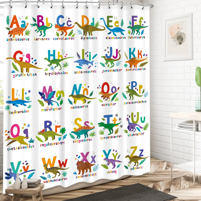 LIGHTINHOME Dinosaur Shower Curtain 60Wx72H Inches for Kids Cute Dino Educational ABC Alphabet Cartoon Animal Cloth Fabric Waterproof Polyester Bathroom Home Decor Set with 12 Pack Plastic Hooks Alphabet Dinosaur - NewNest Australia