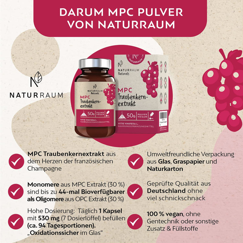 MPC grape seed extract powder I 50 g in a glass I Vegan I up to 44 times more bioavailable than OPC grape seed extract I High dosage I Quality from Champagne in France I No additives - NewNest Australia