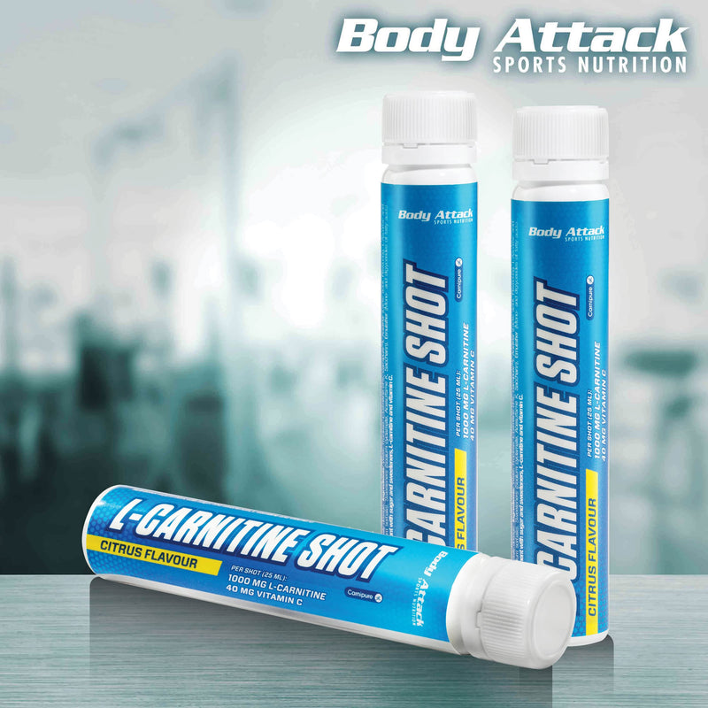 Body Attack L-Carnitine Shot Citrus, 20 X 25 Ml, Made In Germany, 25 Ml/One Serving, 1000 Mg L-Carnitine, 100% Pure & Vegan, High-Quality Carnipure, 40 Mg Vitamin C - NewNest Australia