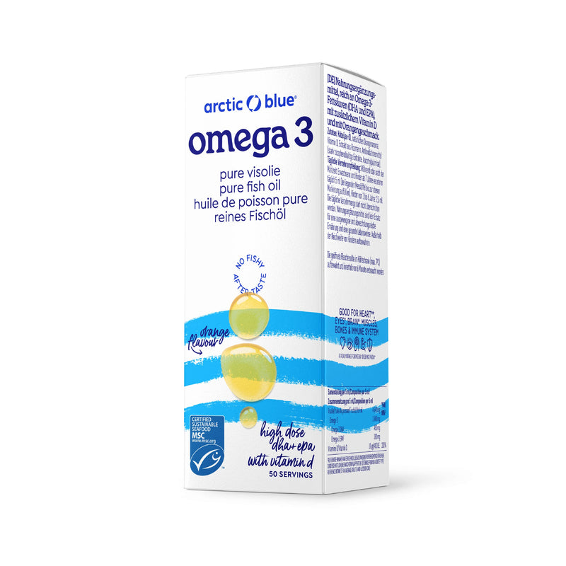 Arctic Blue Omega 3 fish oil - 250 ml liquid - high dose with DHA, EPA and vitamin D - without burping or fishy smell - arctic fish oil - MSC certified - orange flavor - NewNest Australia