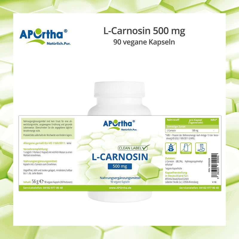 Aportha L-Carnosine 500 Mg Capsules, 90 Vegan Capsules, 100% Pure L-Carnosine Without Additives, 500 Mg L-Carnosine Per Capsule, 90 Capsules For 3 Months, Vegan, Gluten-Free, Lactose-Free, - NewNest Australia