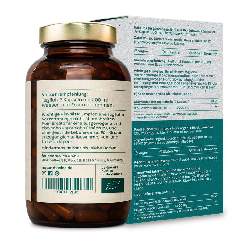 Organic black cumin oil - 180 high-dose capsules / 500 mg high-quality organic black cumin oil & 250 mg linoleic acid per capsule / Vegan, certified & sustainable in a glass - NewNest Australia