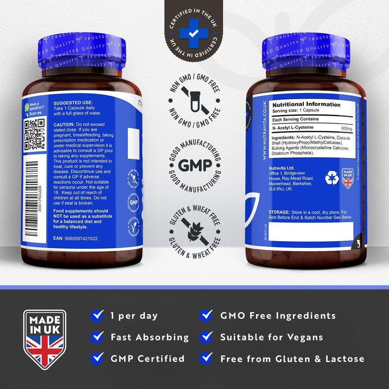 NAC N-Acetyl-Cysteine 600mg – 150 Vegan Capsules – 5 Months Supply of NAC Supplement – High Bioavailability – No Synthetic Fillers & Binders – Made in The UK by Nutravita - NewNest Australia