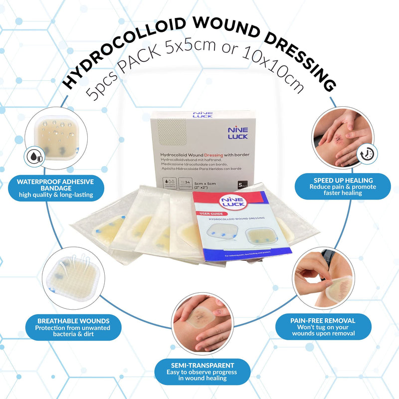 5pcs Pack - 5cm x 5cm Hydrocolloid Wound Dressing Pads Extra Thin - CE Certificated Sterile and Waterproof Adhesive Bandages for Wounds - Medical and First Aid Supplies 5x5 cm (Pack of 5) - NewNest Australia