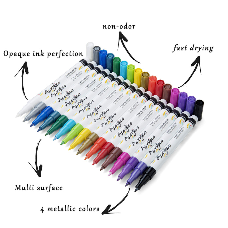Acrylico Acrylic Paint Pen Set of 16 - Extra Fine Tip Point Pens with 4 Metallic Markers - Rock, Glass, Wood & Fabric Painting Art Supplies, Adults & Kids Arts Craft Kit for Scrapbooking & Drawing - NewNest Australia