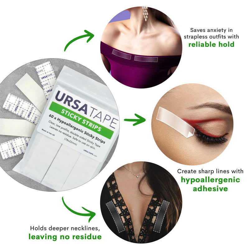 URSA Tape Sticky Strips, No-Residue Clear Fashion Tape for Costumes, Shoes and More, Body Tape for Delicate Skin, Double Sided Tape for Clothes and Medical Accessories, Pack of 60 - NewNest Australia